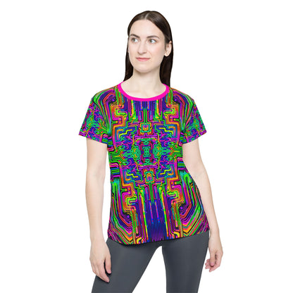 Close-up of the Borg Rave all-over print on the women's sport tee fabric