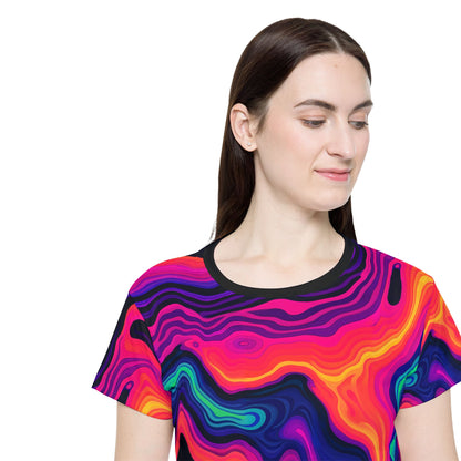 Women's sport tee in the Drizzle psychedelic all-over print design, laid flat.