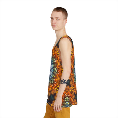 Close-up of the neckline and seam on the Fractal Flower Mandala V2 men's tank top.