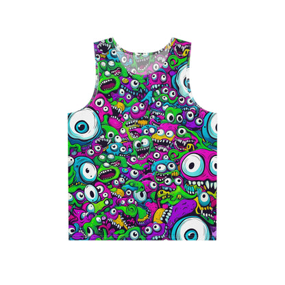Front view of the My Middle Name Is Wacky psychedelic art men's tank top on a model.