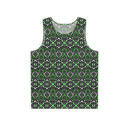Flat lay of the Peruvian Pattern men's tank top showing the full psychedelic print.