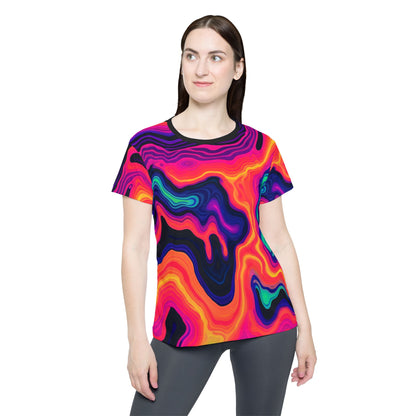 Women's sport tee in the Drizzle psychedelic all-over print design, angled view.
