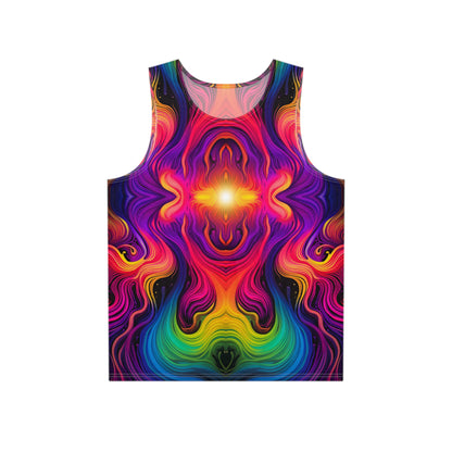 Cosmic Currents men's tank top, front flat lay showing the flowing cosmic energy print.