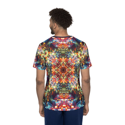 Overhead view of the "Kaleidobloom" print men's sport tee laid flat.
