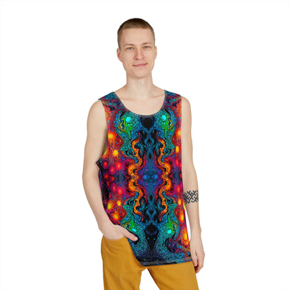 Flat lay of the men's tank top featuring the full 'Molten Flow' graphic design.