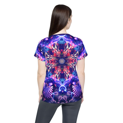 Women's sport tee in the Flow State psychedelic all-over print design, front view.