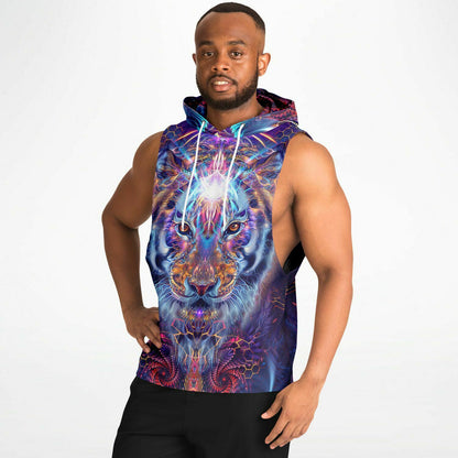 A second model wearing the “Empurrress” sleeveless hoodie from the side, showing the drop armhole cut.