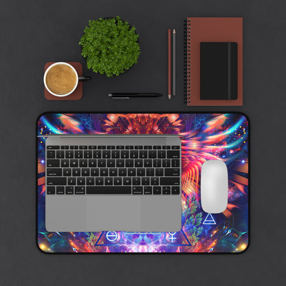 Lapis Philosophorum desk mat under a laptop and coffee mug on a desk