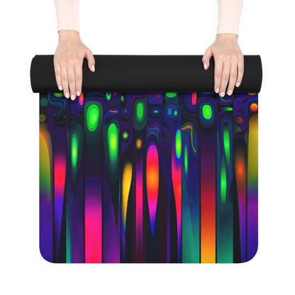 Corner view of the Prismatic Distortion yoga mat showing the rubber non-slip bottom