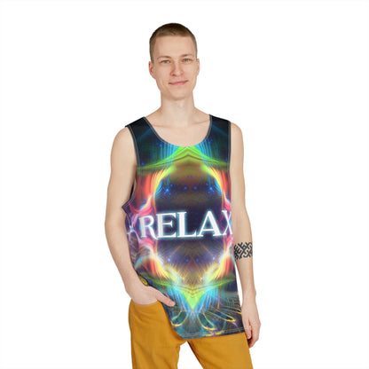 Angled view of the Relax men's tank top highlighting the print and cut.