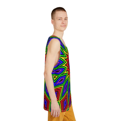 The Step Right Up men's tank top photographed from above on a flat surface.