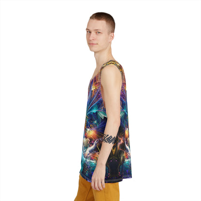 Another angle of the Source of Creativity men's tank top showing the print.