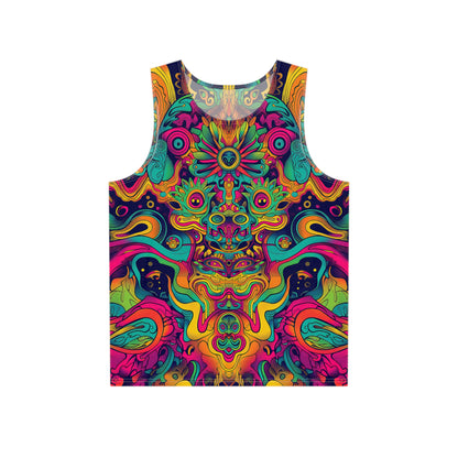 Front flat lay of the 'Totem' men's tank top showing the psychedelic all-over print.
