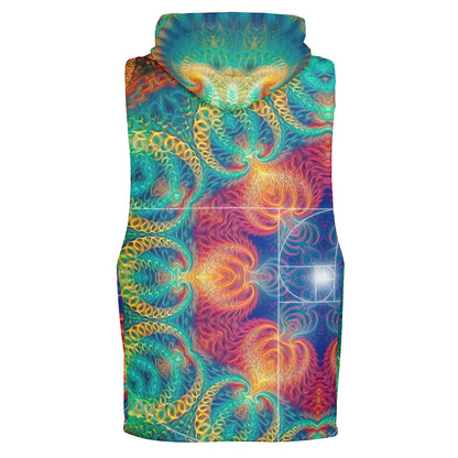 Ghost mannequin back view of the “Free Your Mind - Fibonacci” sleeveless hoodie, all-over print.