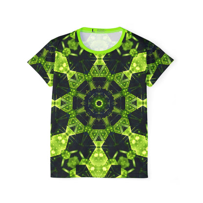 'Geocomb' all-over-print sport tee for women, front view laid flat.