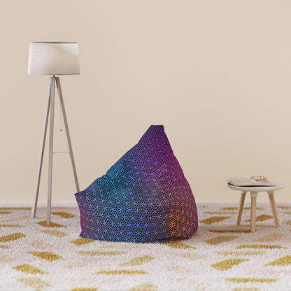 The filled Rainbow Flower of Life bean bag chair cover, ready to sit on.