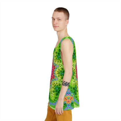 Another angle of the Starburst men's tank top highlighting the print colors.