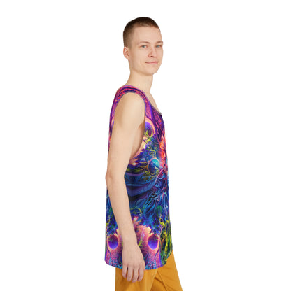 Flat lay of The Sacred Vine men's tank top, showing the complete all-over print.