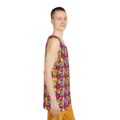 Corner detail shot of the Purple Yellow Blue Smiley print along the tank top hem.