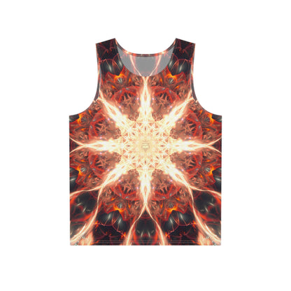 Close-up detail of the 'Muladhara' psychedelic print on this men's tank top.