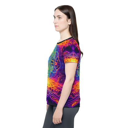 The "Focused Thought" women's sport tee photographed from above on a flat surface.