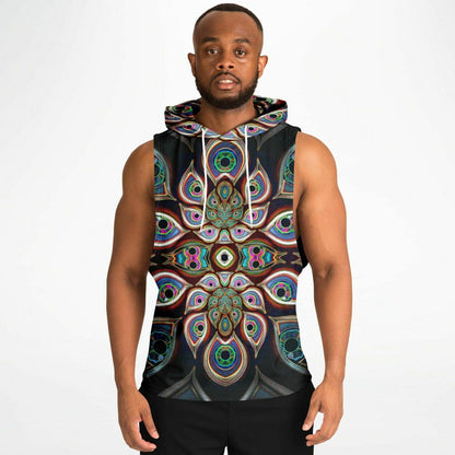 A model showcasing "The Waiting Room" sleeveless hoodie from the front.