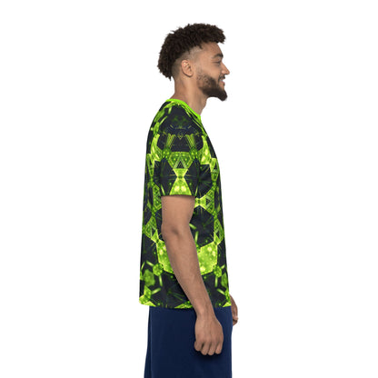 'Geocomb' sport tee for men, close-up of the sleeve print.