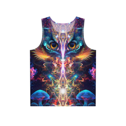 Flat lay of the Peekaboo men's tank top showing the full psychedelic print.