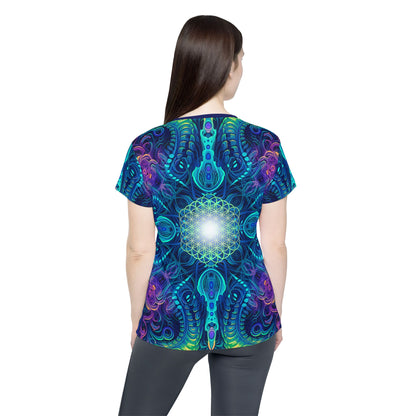 Close-up of the Belladonna V2 all-over print on the women's sport tee fabric