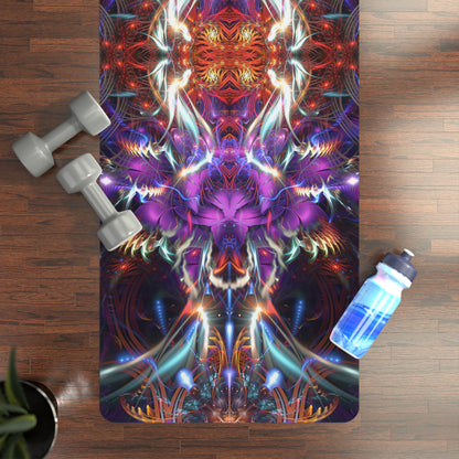 The Dragon Heart yoga mat shown unrolled on the floor.