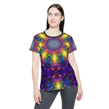 Women's sport tee in the DMandalaT psychedelic mandala all-over print design, angled view.