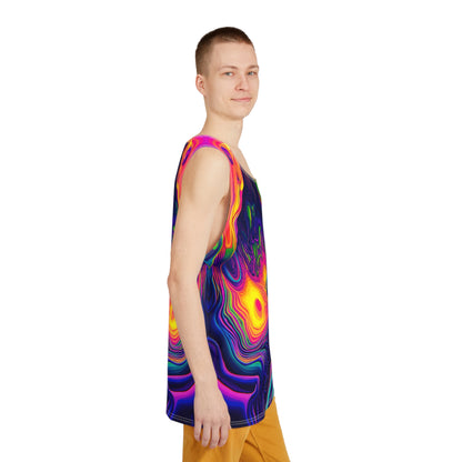 Corner detail of the psychedelic print on the 'Dimension 1111' men's tank top.