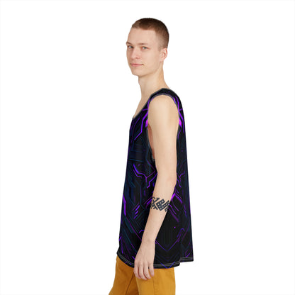Another angle of the Alice In Night City men's tank top print.