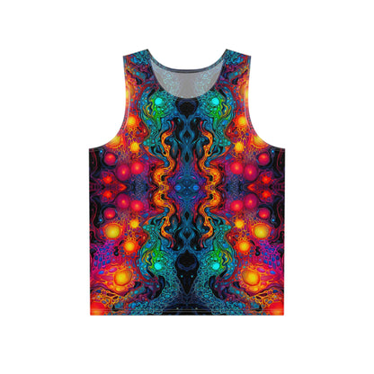 Close-up detail of the 'Molten Flow' psychedelic print on this men's tank top.