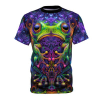 Kiss Me all-over print t-shirt with a psychedelic frog face design in green, purple and pink.