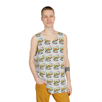 Angled view of the Cassette Pattern men's tank top showing the cassette tape pattern wrap.