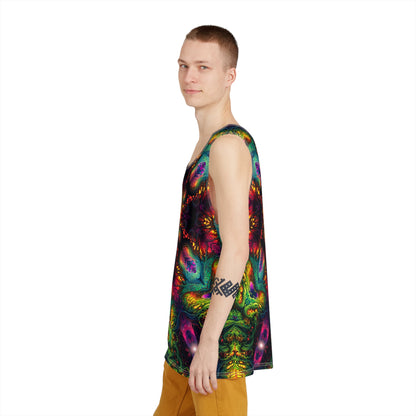 Side view of the Seed of Knowledge Mandala tank top, showing the print along the seam.