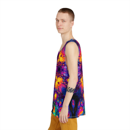 Corner view of the Nebulon Burst tank top highlighting the print colors.