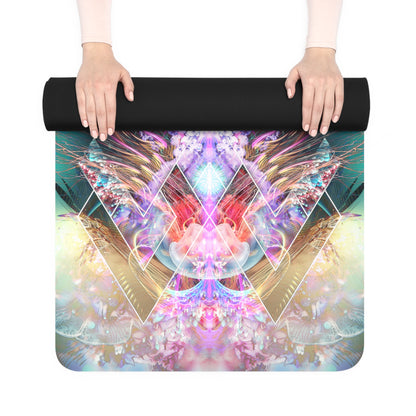 Primordial Soup yoga mat rolled up, edge of the psychedelic print visible.
