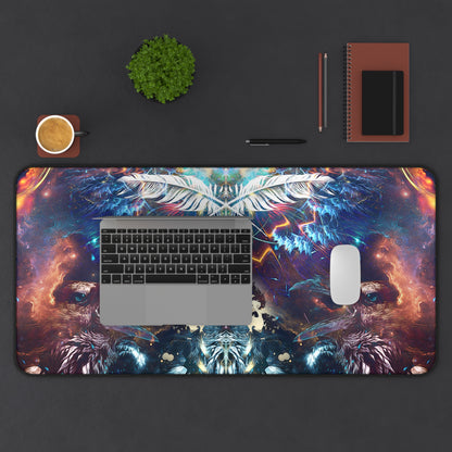 Soul Seeker desk mat laid flat on a wood desk surface