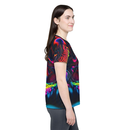 Women's sport tee in the Ferro Field psychedelic all-over print design, detail of the all-over print.