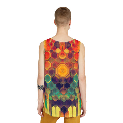 Side angle view of a model wearing the Honeycombed men's tank top.
