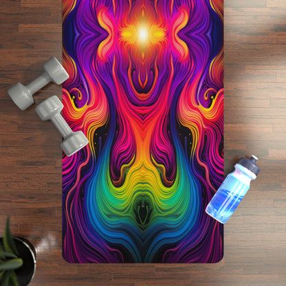 Angled view of the Cosmic Currents yoga mat resting on a floor.