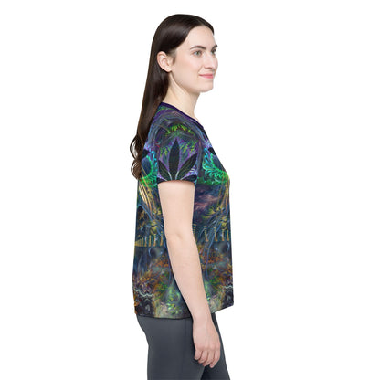 Close-up of the fabric texture on the "Heightened Stroll" print women's sport tee.