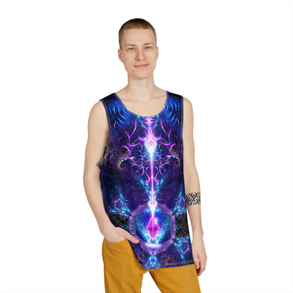 Close-up of the ETH City print detail on the men's tank top fabric.