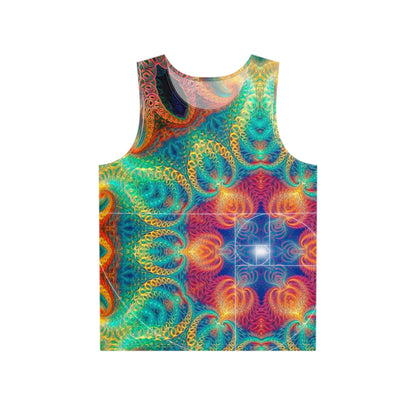 Front view of the Free Your Mind Fibonacci print on a men's tank top in black.