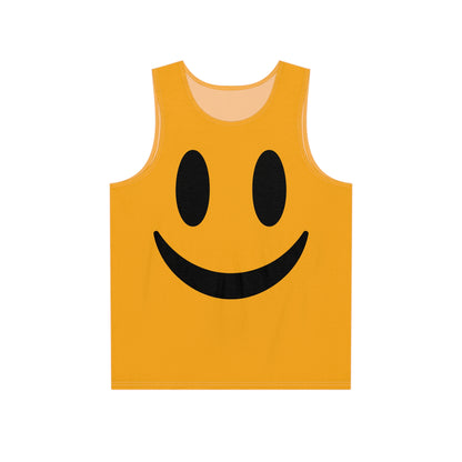 Flat lay of a men's tank top printed with the 'Yellow Smiley' design.