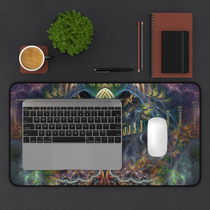 Full view of the "Heightened Stroll" desk mat surface and printed artwork.