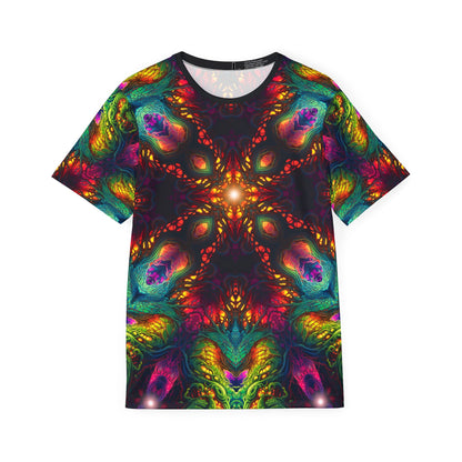 Flat lay of the Seed of Knowledge Mandala sport tee showing the full all-over print.