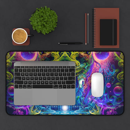 The Sacred Vine desk mat displayed on a home office desk setup